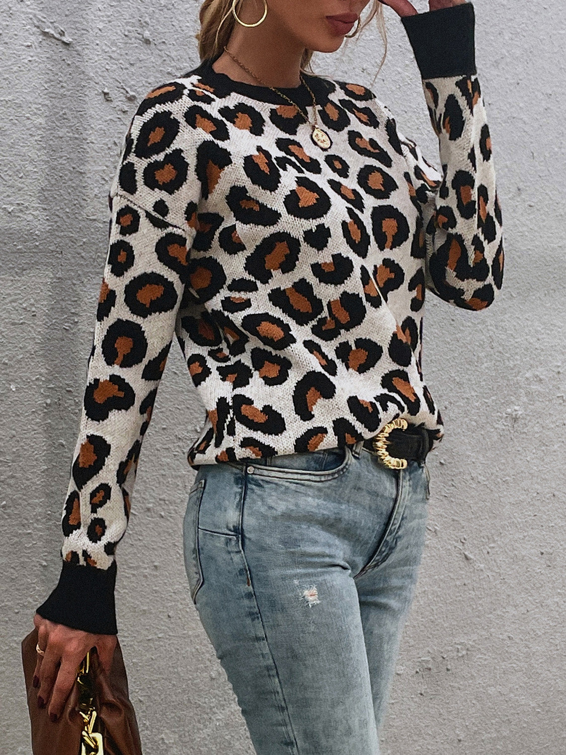 Leopard Round Neck Dropped Shoulder Sweater BLUE ZONE PLANET