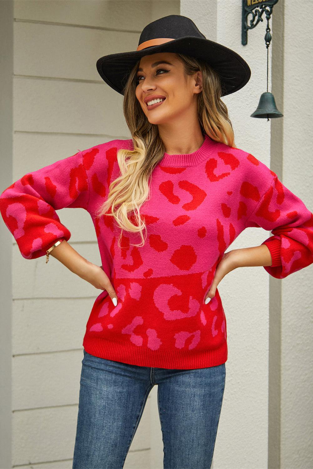 Leopard Round Neck Dropped Shoulder Sweater BLUE ZONE PLANET