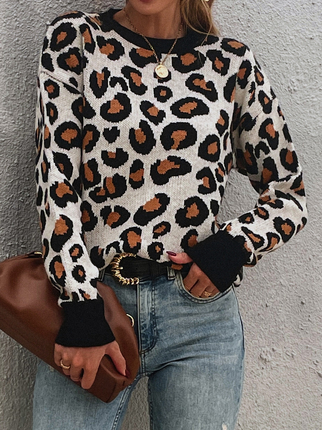 Leopard Round Neck Dropped Shoulder Sweater BLUE ZONE PLANET