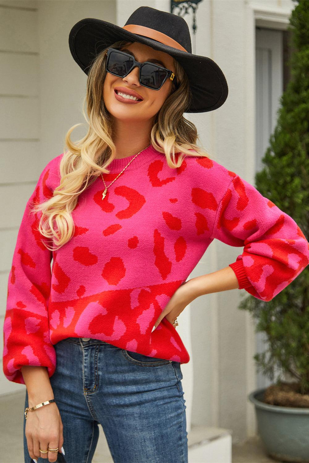 Leopard Round Neck Dropped Shoulder Sweater BLUE ZONE PLANET