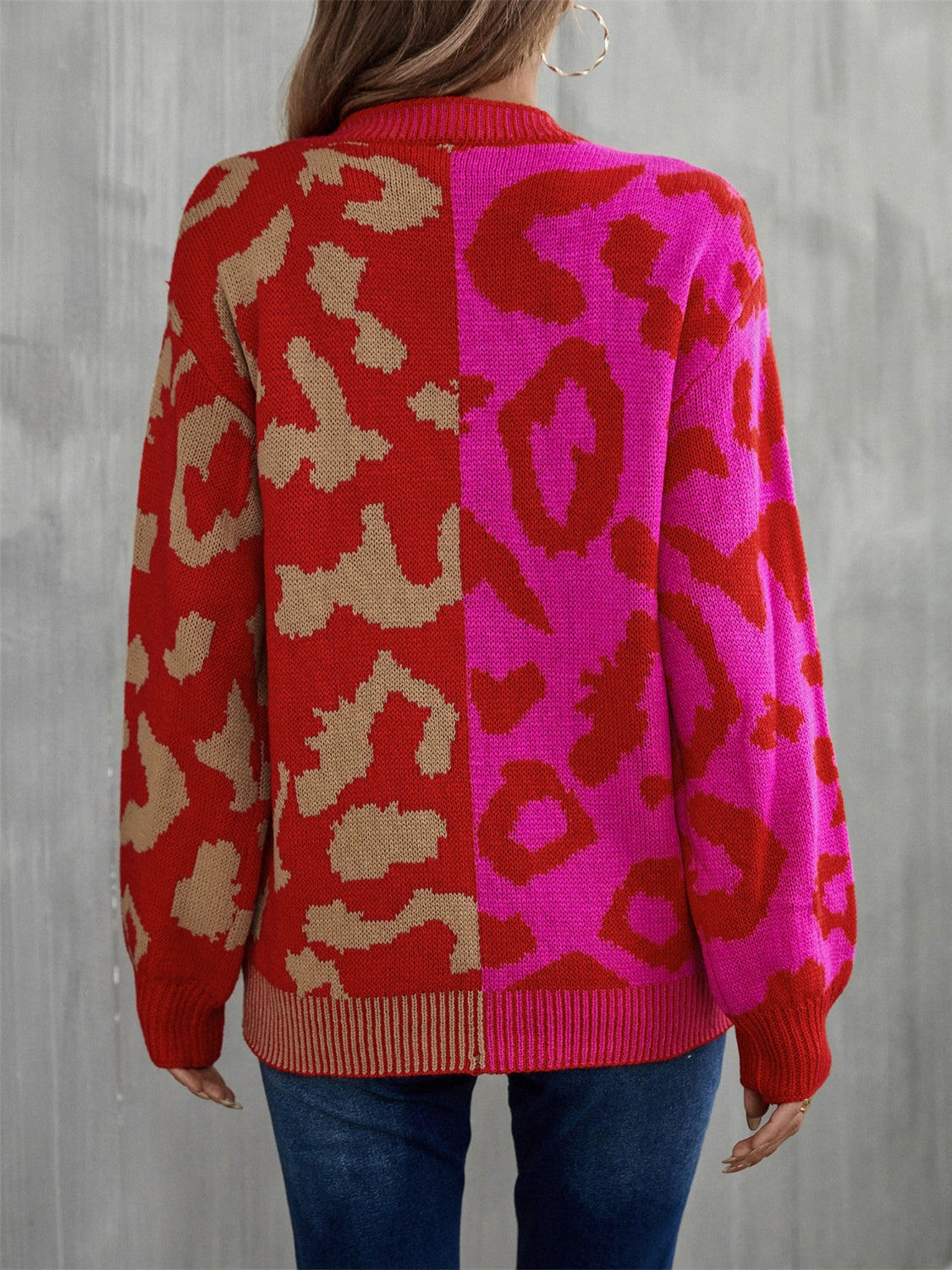 Leopard Round Neck Long Sleeve Sweater BLUE ZONE PLANET