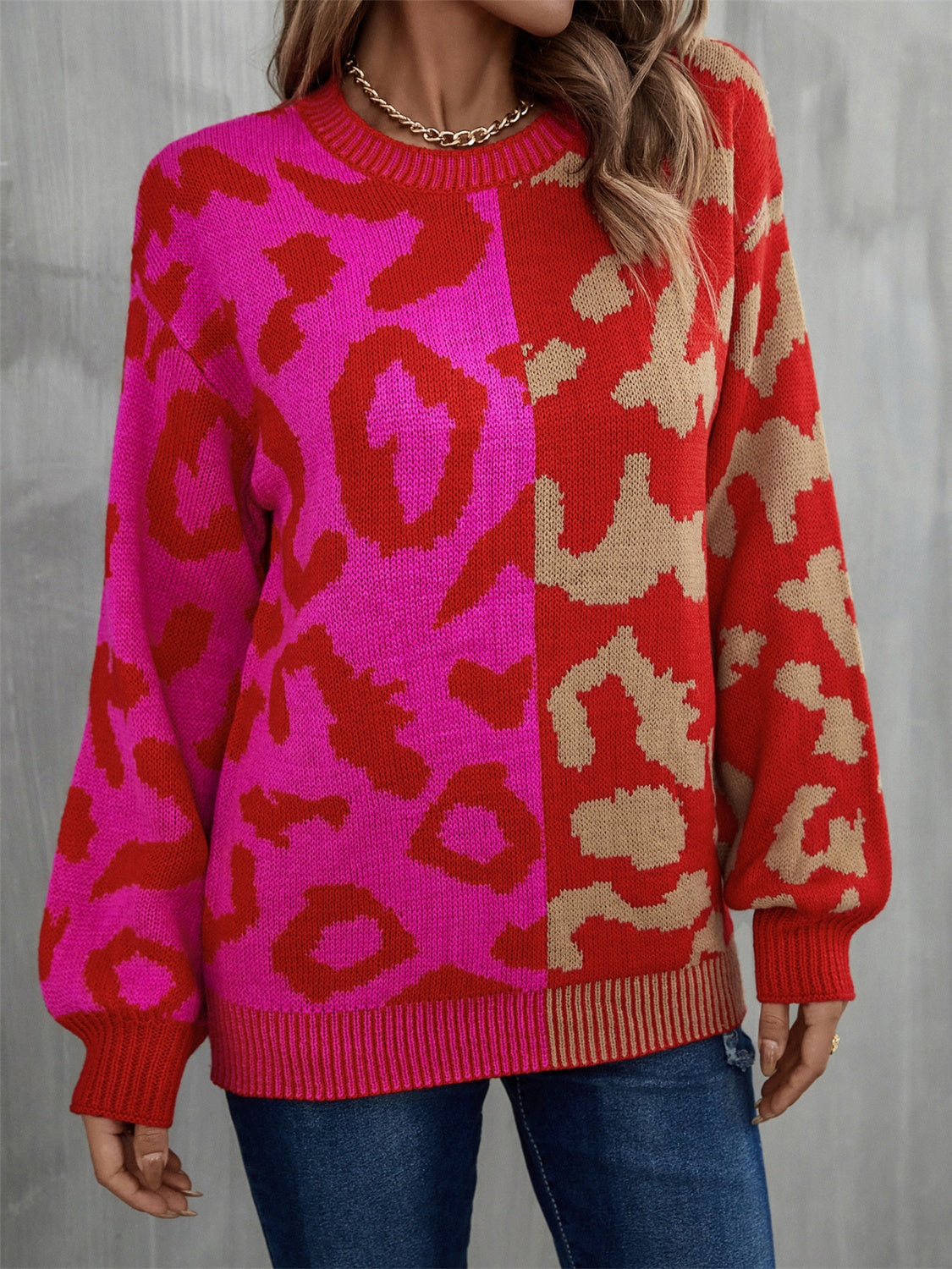 Leopard Round Neck Long Sleeve Sweater BLUE ZONE PLANET