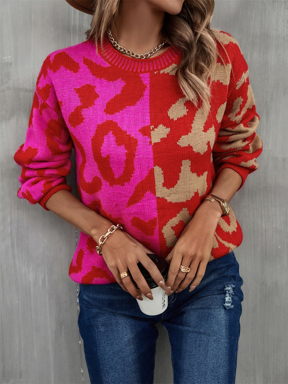 Leopard Round Neck Long Sleeve Sweater BLUE ZONE PLANET