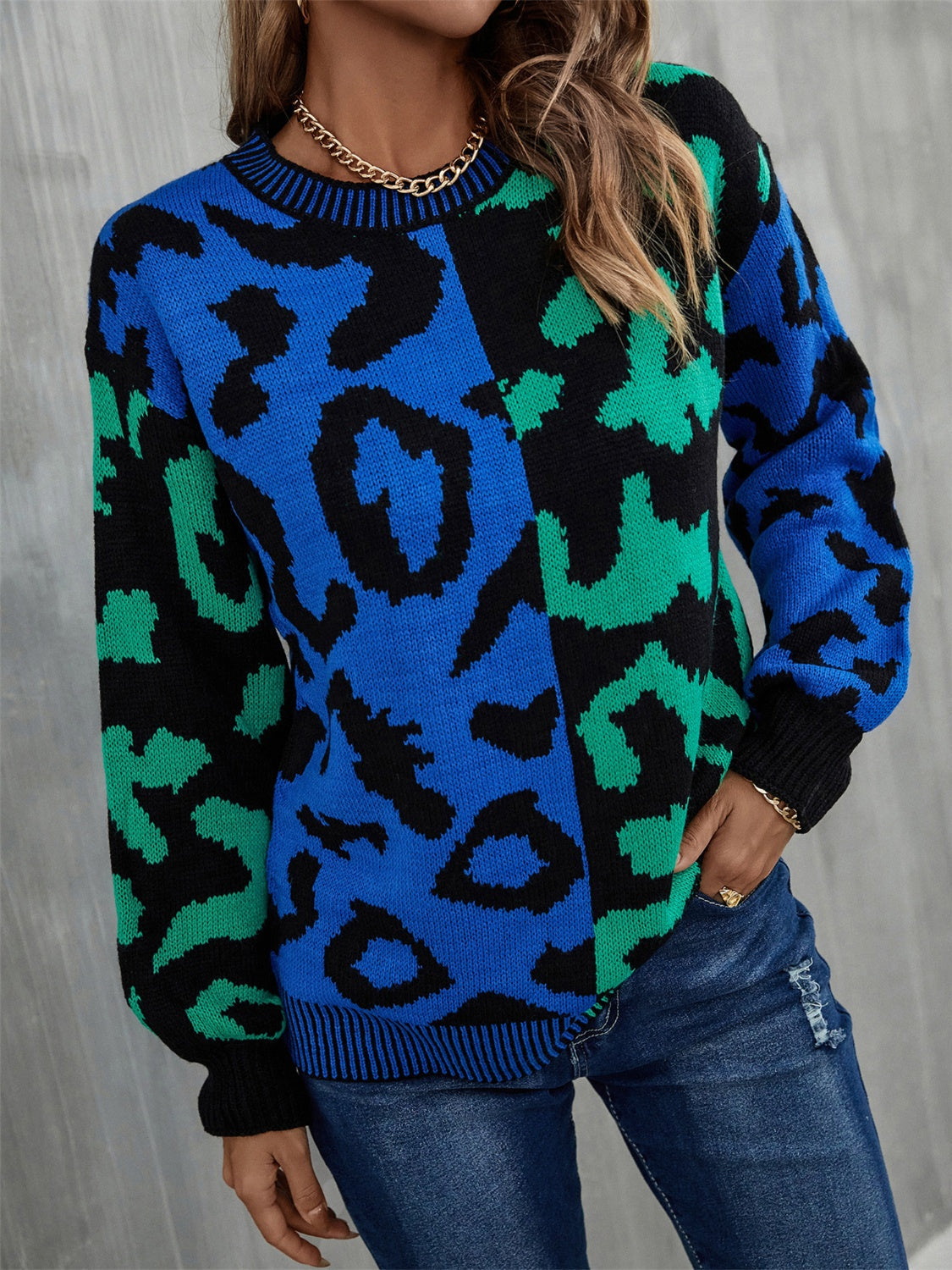 Leopard Round Neck Long Sleeve Sweater BLUE ZONE PLANET