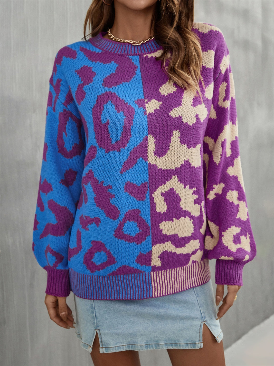 Leopard Round Neck Long Sleeve Sweater BLUE ZONE PLANET
