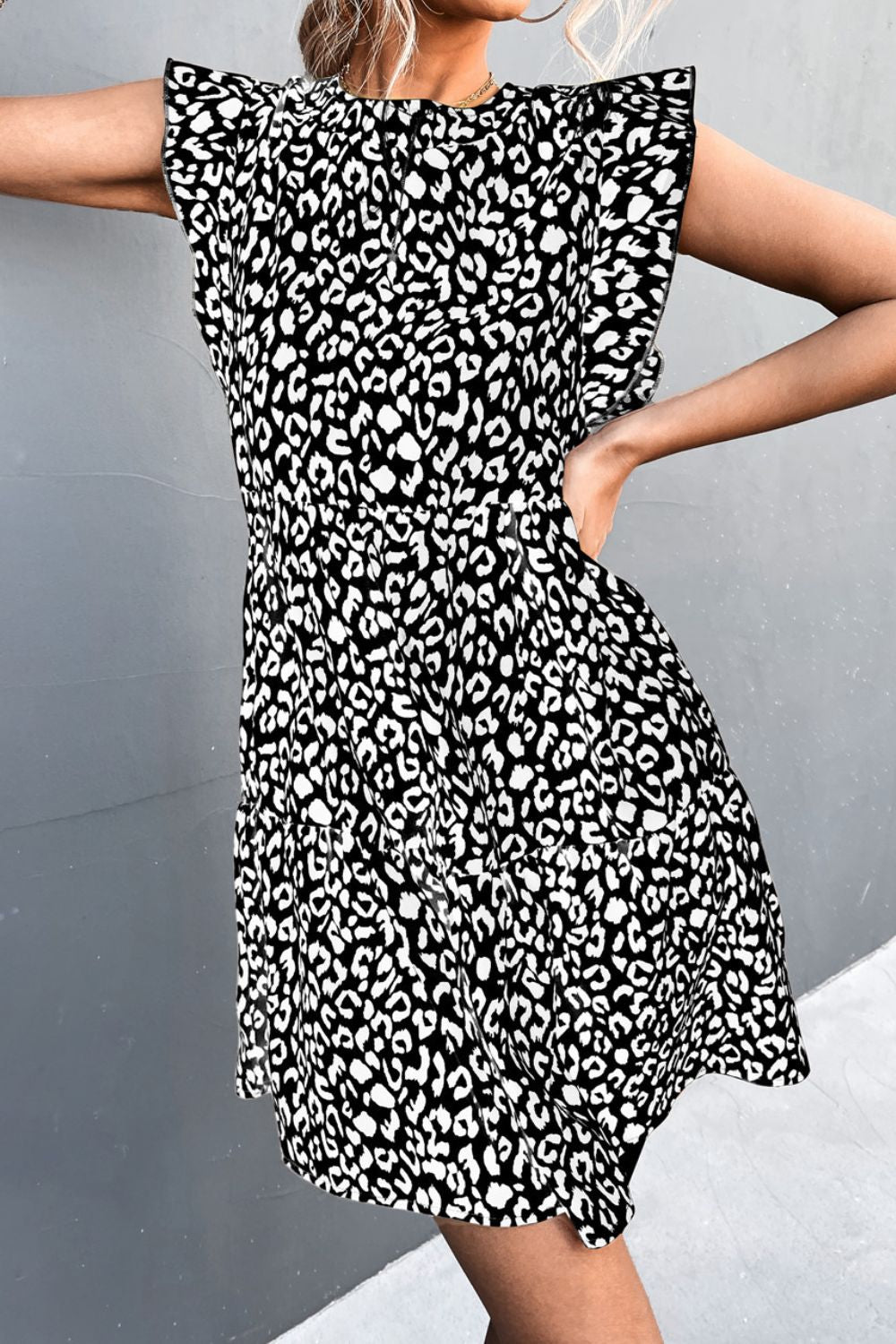 Leopard Round Neck Mini Dress BLUE ZONE PLANET