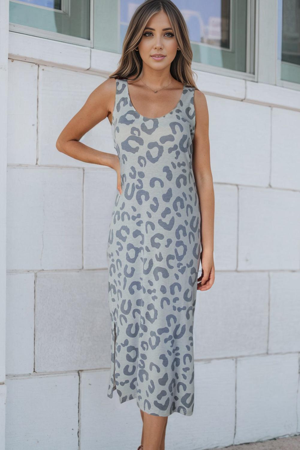 Leopard Sleeveless Slit Midi Dress BLUE ZONE PLANET