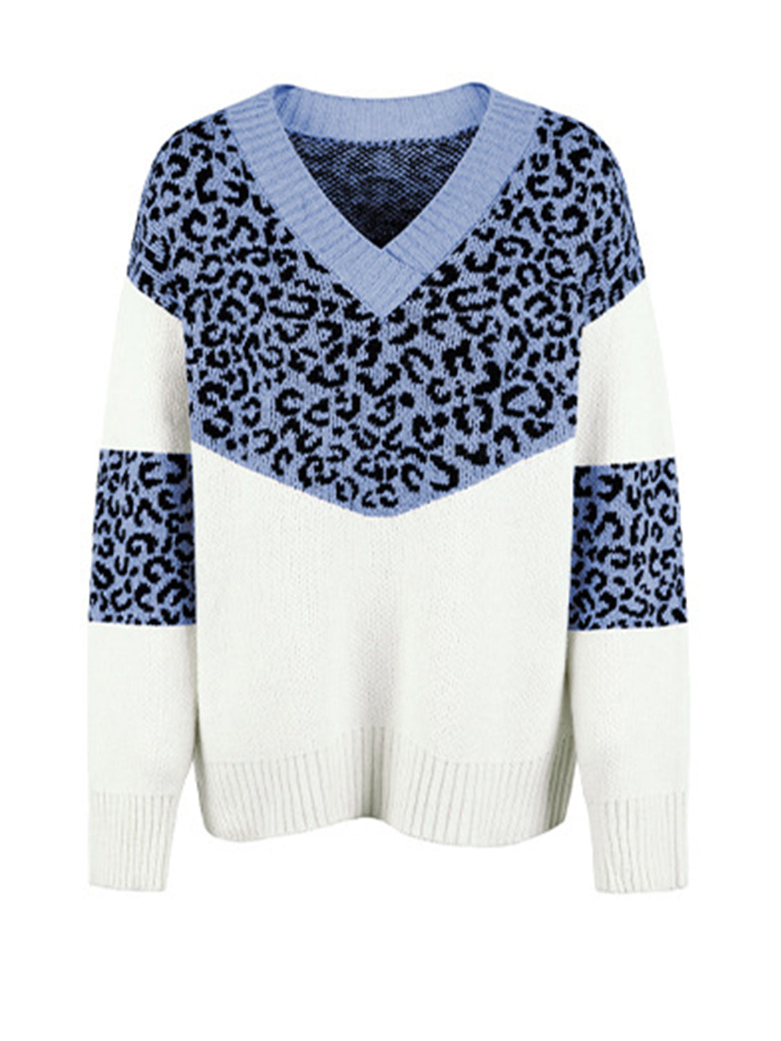 Leopard V-Neck Dropped Shoulder Sweater BLUE ZONE PLANET