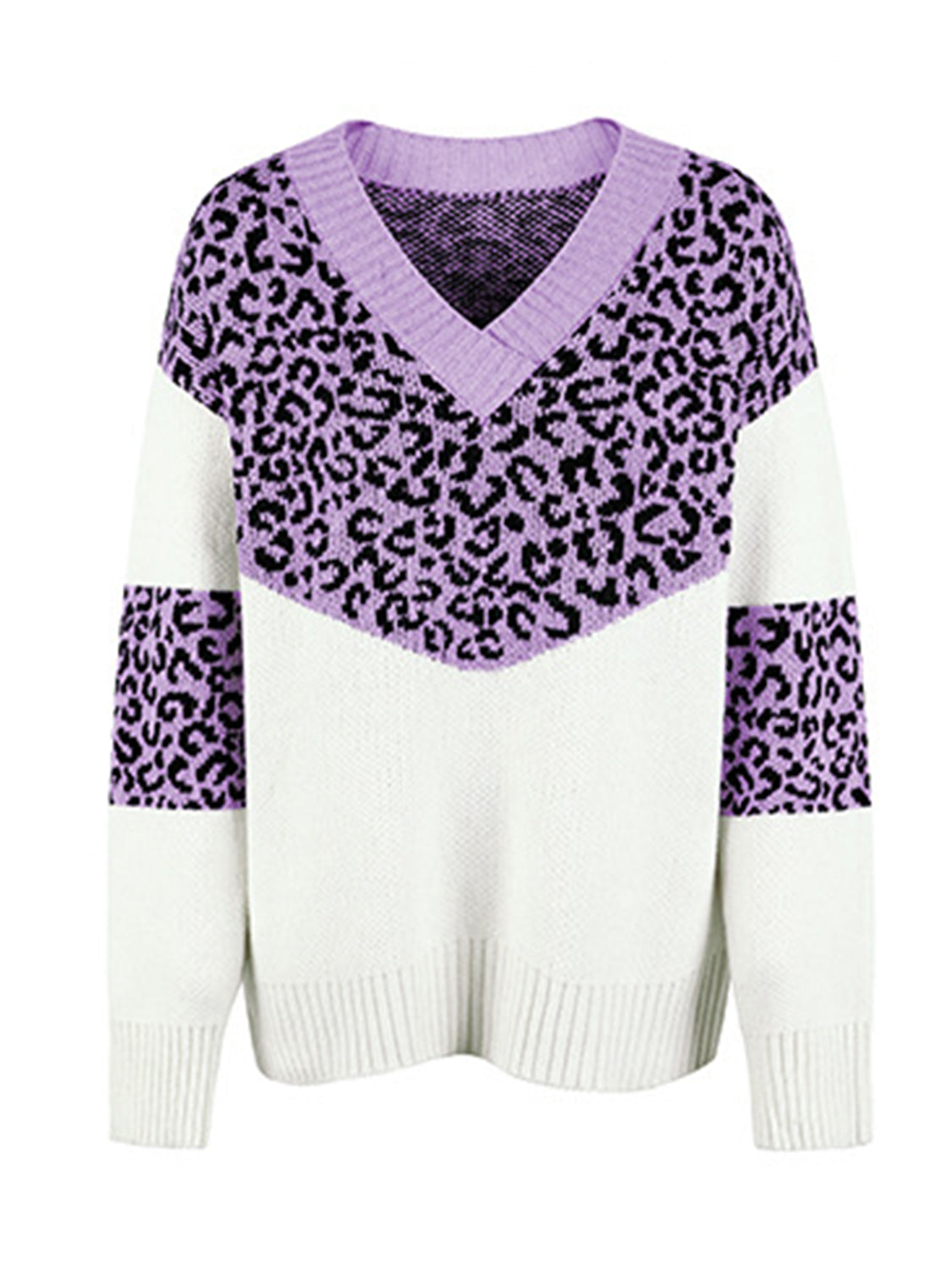 Leopard V-Neck Dropped Shoulder Sweater BLUE ZONE PLANET