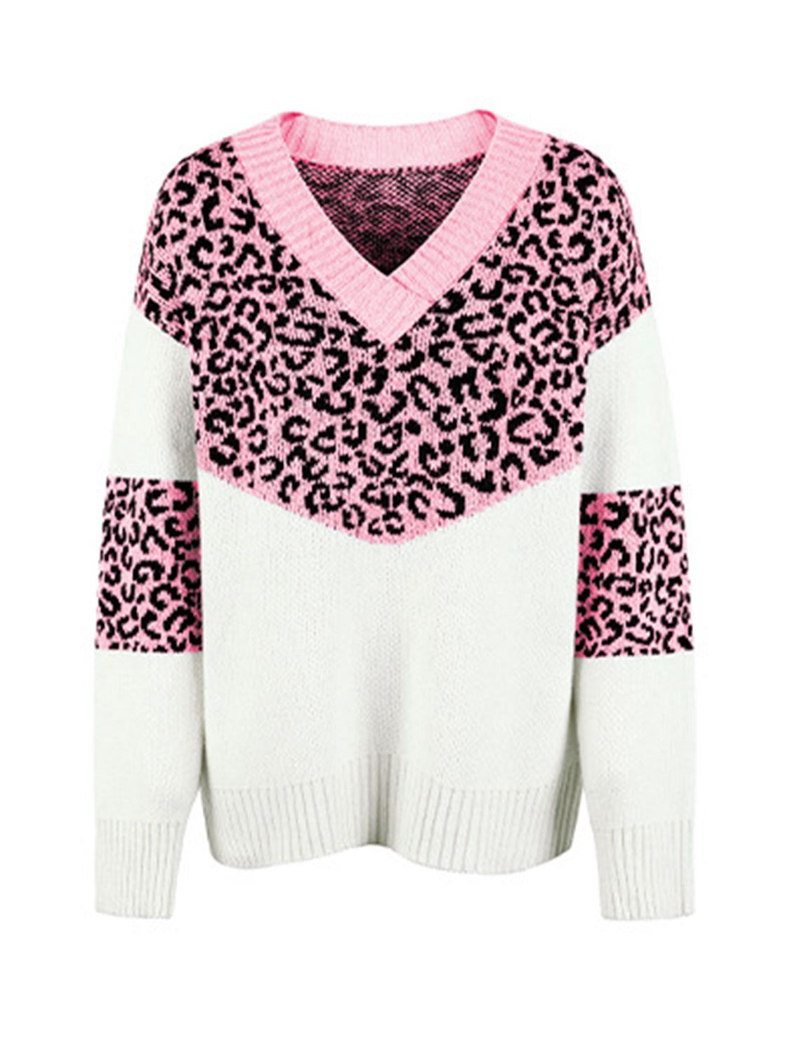 Leopard V-Neck Dropped Shoulder Sweater BLUE ZONE PLANET