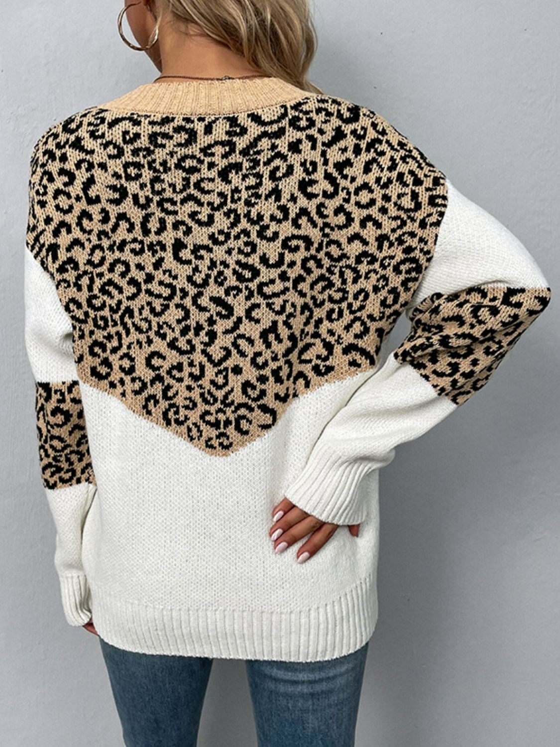 Leopard V-Neck Dropped Shoulder Sweater BLUE ZONE PLANET