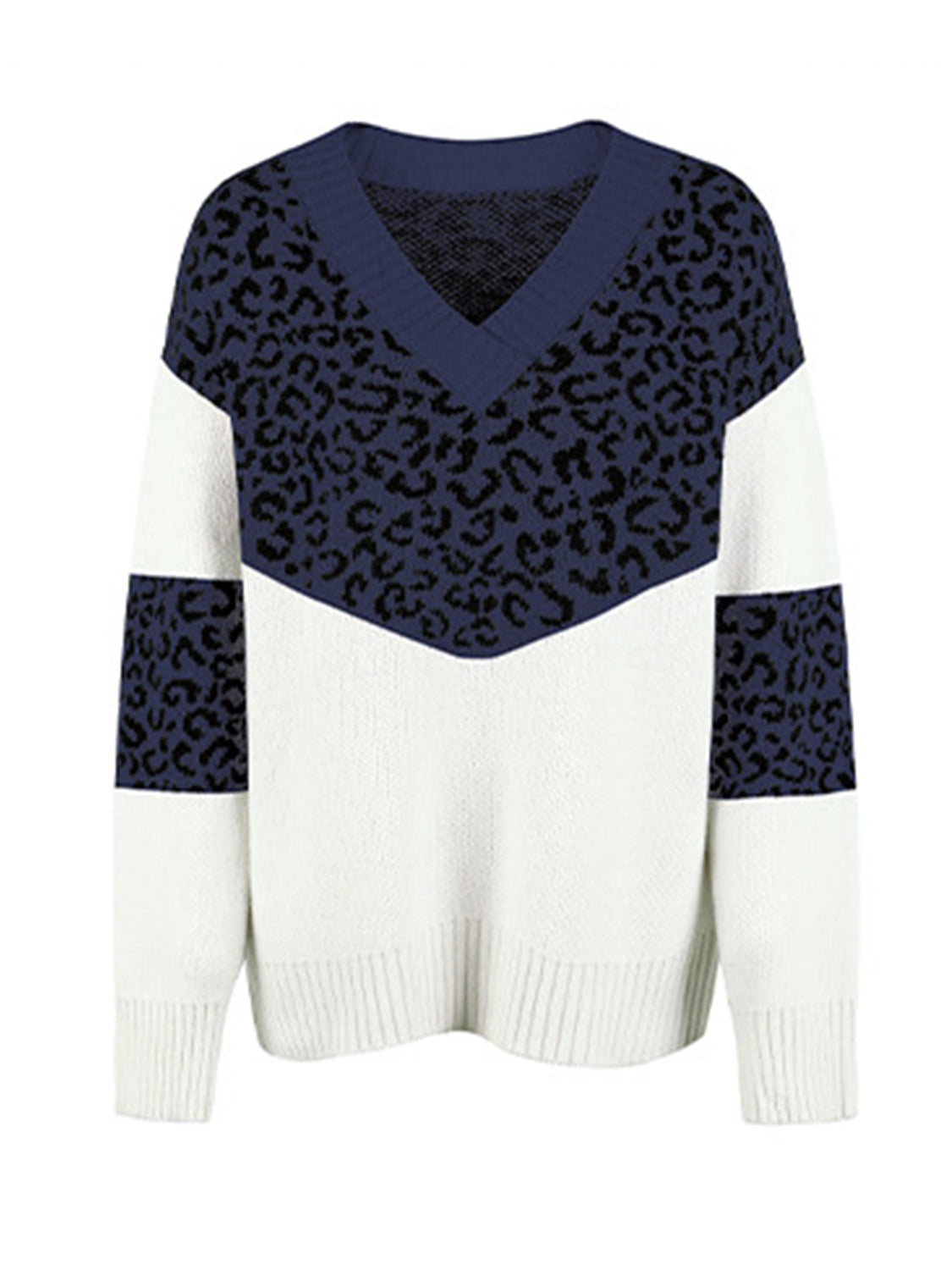 Leopard V-Neck Dropped Shoulder Sweater BLUE ZONE PLANET