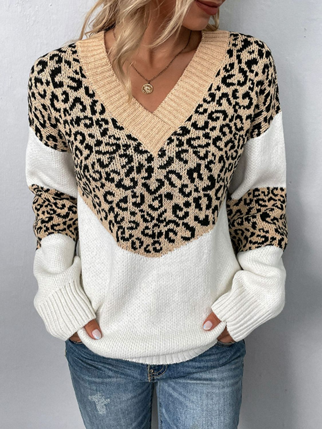 Leopard V-Neck Dropped Shoulder Sweater BLUE ZONE PLANET