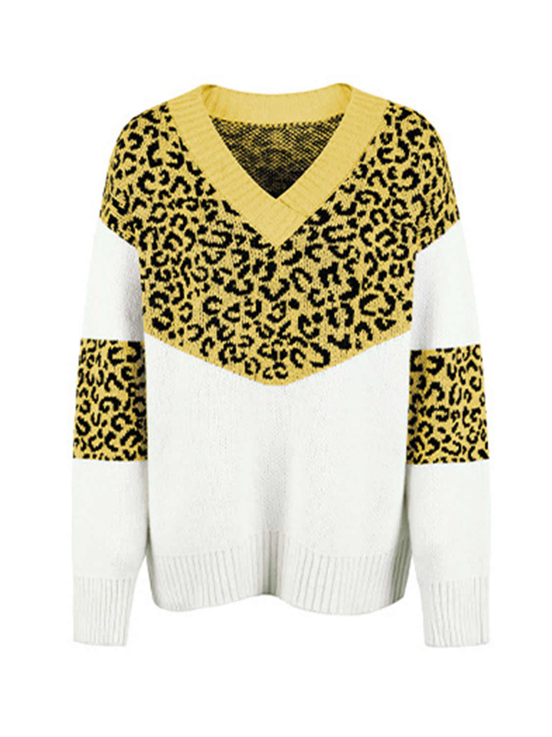 Leopard V-Neck Dropped Shoulder Sweater BLUE ZONE PLANET
