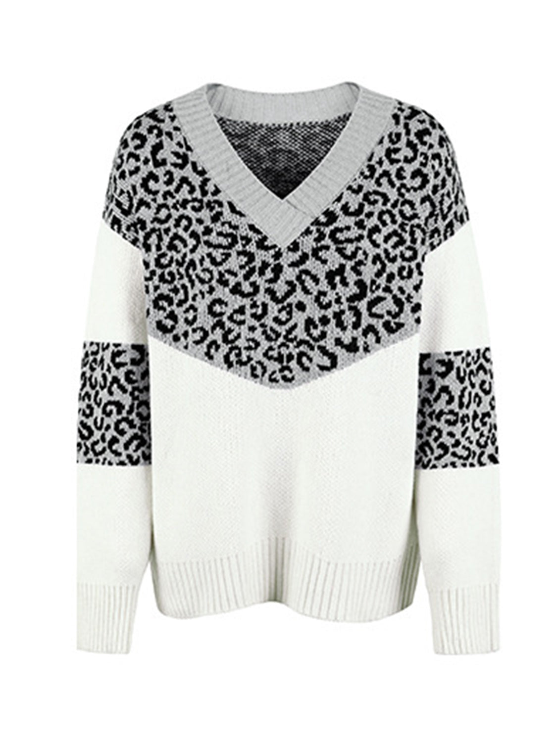 Leopard V-Neck Dropped Shoulder Sweater BLUE ZONE PLANET