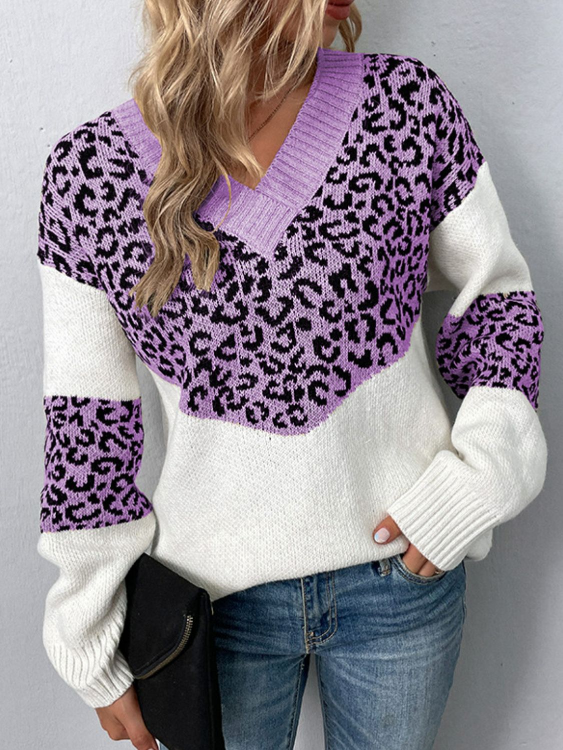 Leopard V-Neck Dropped Shoulder Sweater BLUE ZONE PLANET