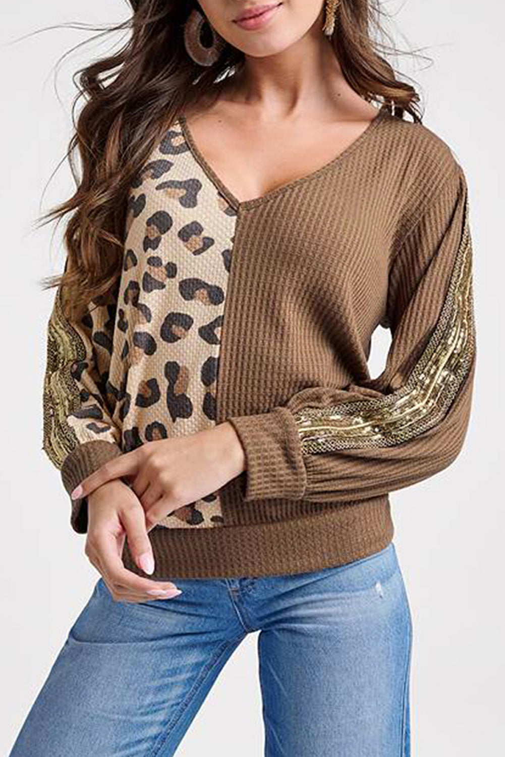 Leopard V-Neck Waffle-Knit Top BLUE ZONE PLANET