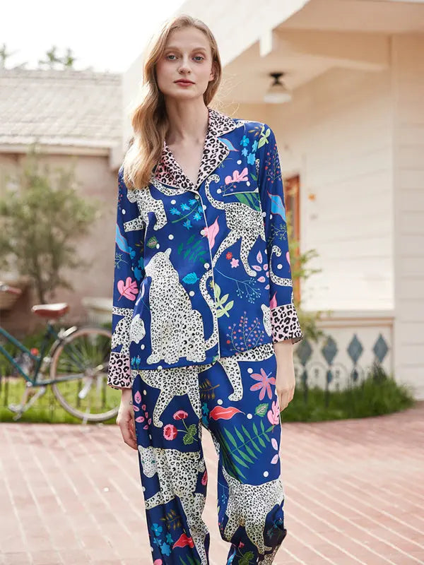 Liana's Botanical Print Long-Sleeved Shirt and Trousers 2-Piece Suit kakaclo