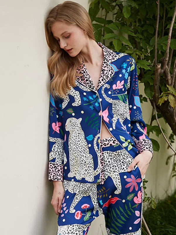 Liana's Botanical Print Long-Sleeved Shirt and Trousers 2-Piece Suit kakaclo