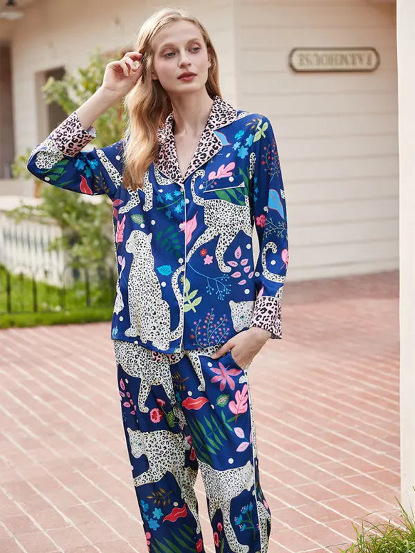 Liana's Botanical Print Long-Sleeved Shirt and Trousers 2-Piece Suit kakaclo