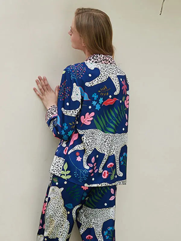 Liana's Botanical Print Long-Sleeved Shirt and Trousers 2-Piece Suit kakaclo