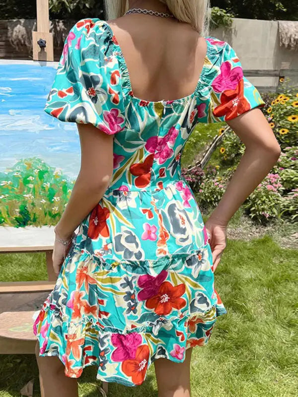 Lila's Botanical Abstract Print Ruffled V-Neck Smocked Mini Dress kakaclo