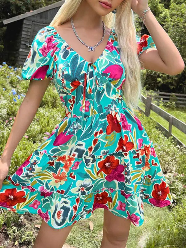 Lila's Botanical Abstract Print Ruffled V-Neck Smocked Mini Dress kakaclo