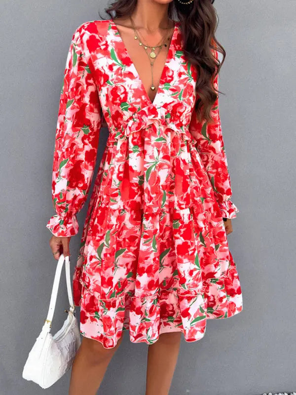 Lilly's floral printed V-neck long-sleeved knee-length dress kakaclo