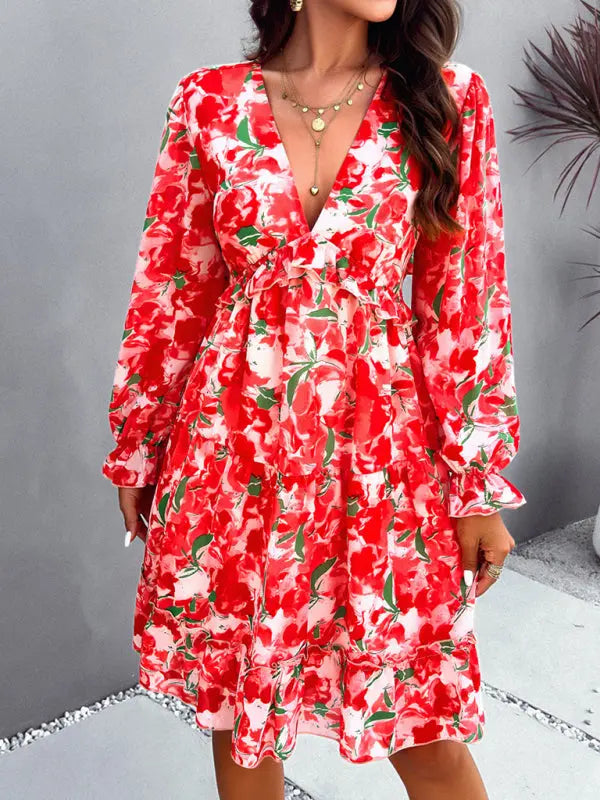 Lilly's floral printed V-neck long-sleeved knee-length dress kakaclo