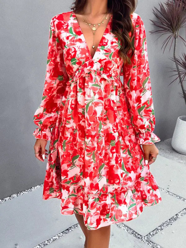 Lilly's floral printed V-neck long-sleeved knee-length dress kakaclo