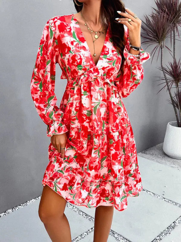 Lilly's floral printed V-neck long-sleeved knee-length dress kakaclo