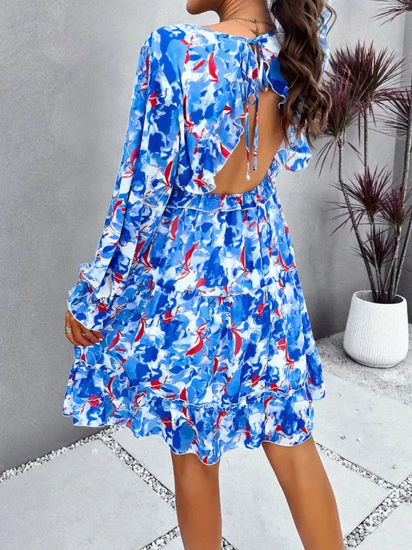 Lilly's floral printed V-neck long-sleeved knee-length dress kakaclo