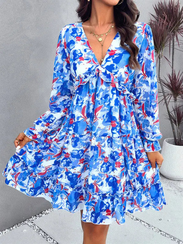 Lilly's floral printed V-neck long-sleeved knee-length dress kakaclo
