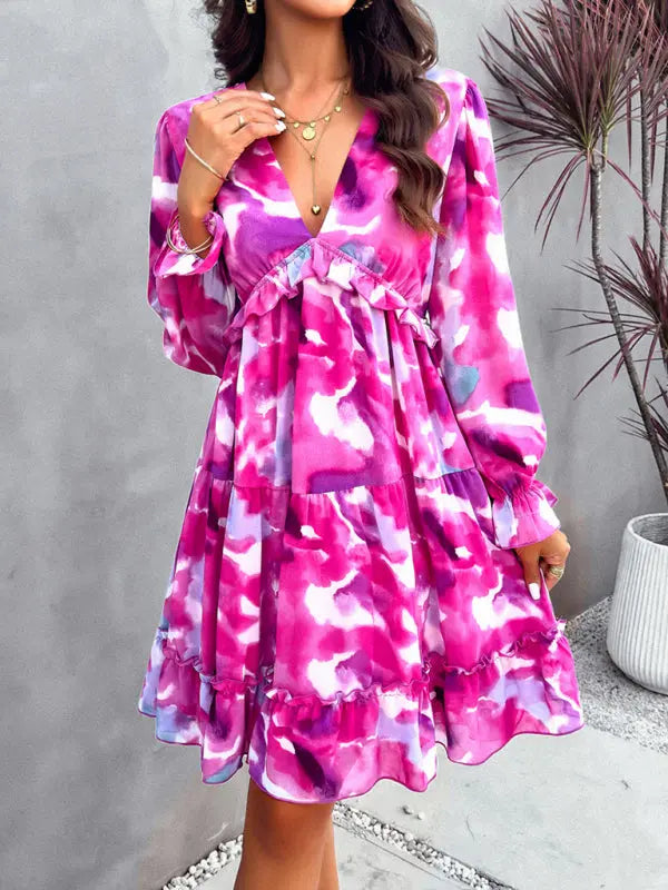 Lilly's floral printed V-neck long-sleeved knee-length dress kakaclo