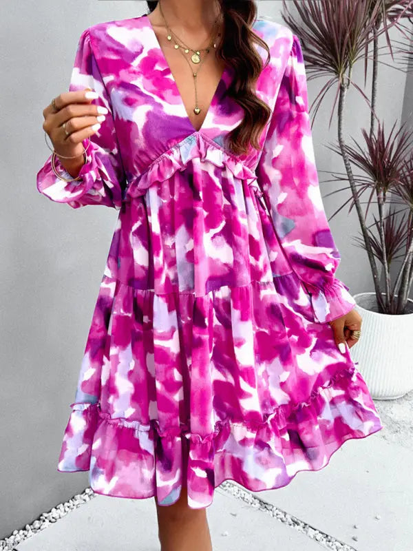 Lilly's floral printed V-neck long-sleeved knee-length dress kakaclo
