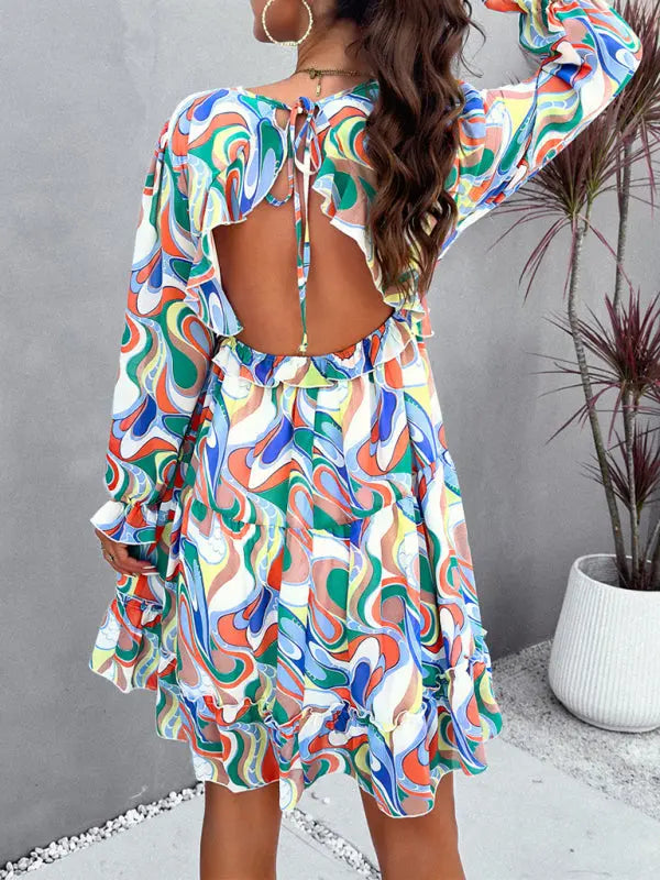 Lilly's floral printed V-neck long-sleeved knee-length dress kakaclo