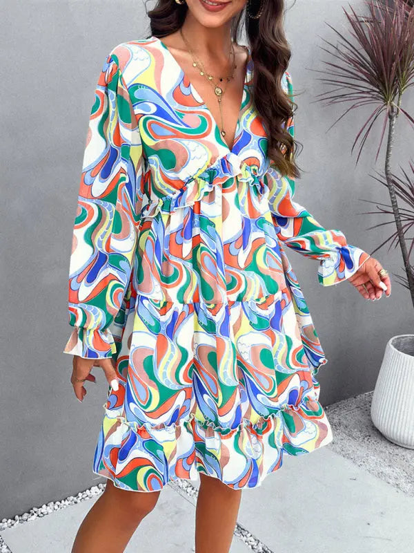 Lilly's floral printed V-neck long-sleeved knee-length dress kakaclo