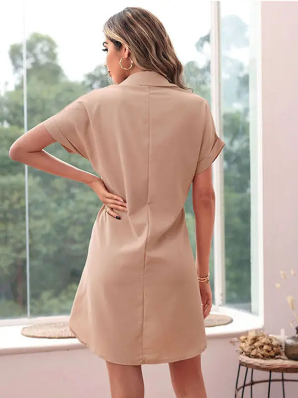 Lily's Lapel Collar Short Sleeve Solid Shirt Mini Dress kakaclo