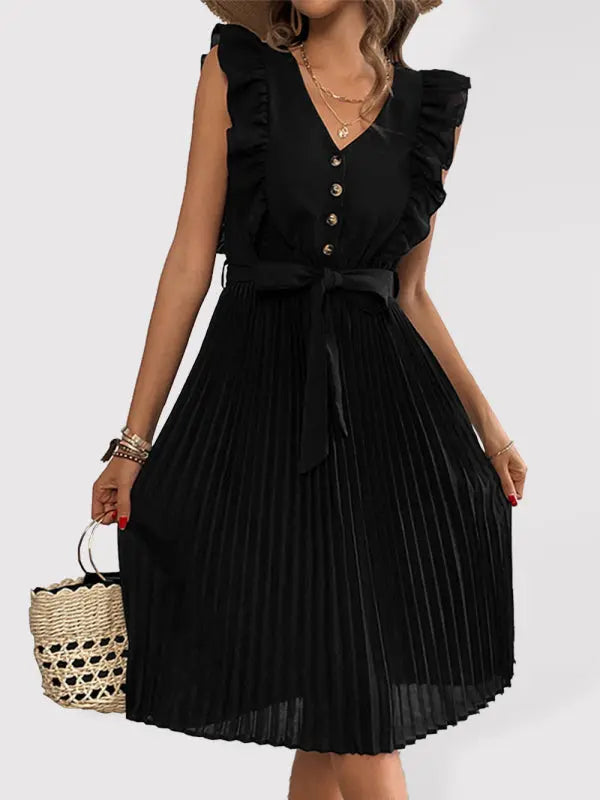 Lily's Solid Ruffle Pleated Sleeveless Knee-Length Dress BLUE ZONE PLANET