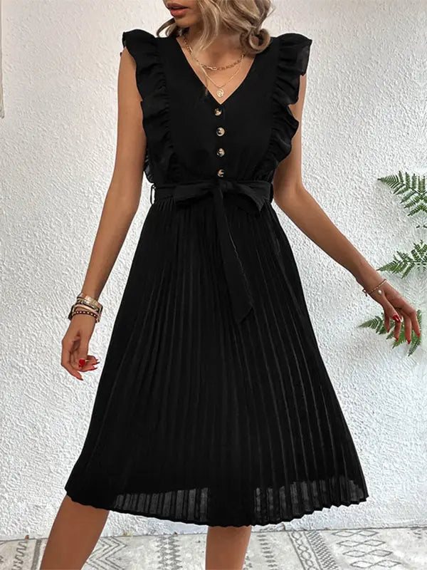 Lily's Solid Ruffle Pleated Sleeveless Knee-Length Dress BLUE ZONE PLANET