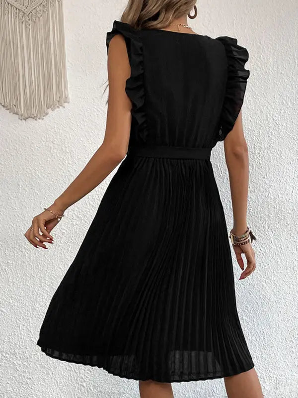 Lily's Solid Ruffle Pleated Sleeveless Knee-Length Dress BLUE ZONE PLANET