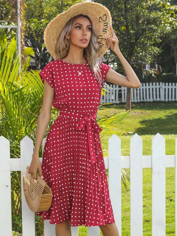 Lily's Woven Polka Dot Pleated Midi Dress kakaclo