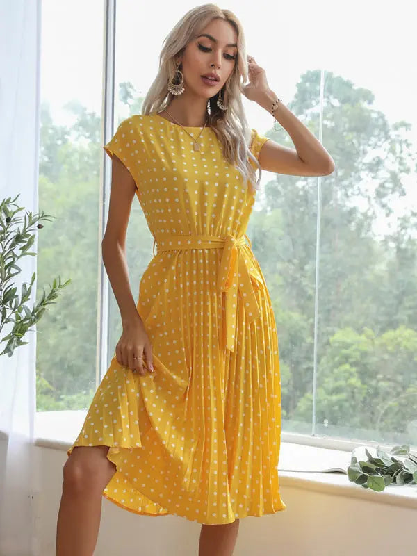 Lily's Woven Polka Dot Pleated Midi Dress kakaclo