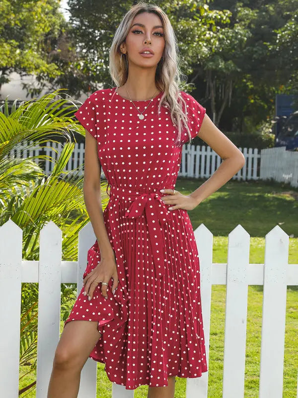 Lily's Woven Polka Dot Pleated Midi Dress kakaclo