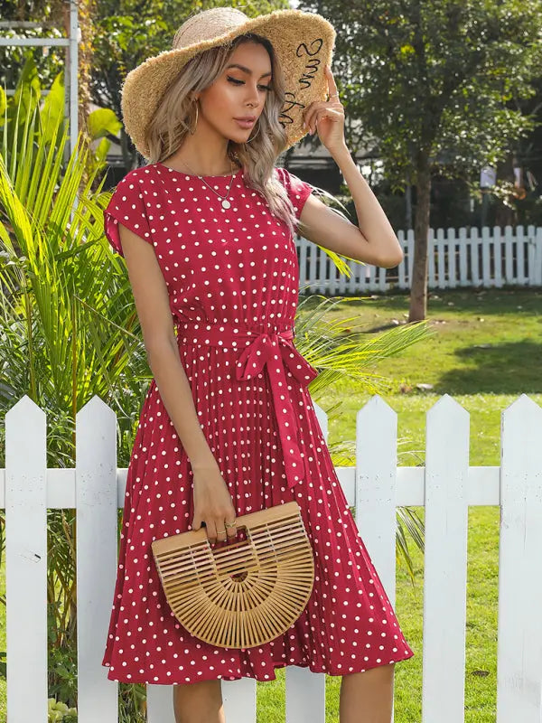 Lily's Woven Polka Dot Pleated Midi Dress kakaclo