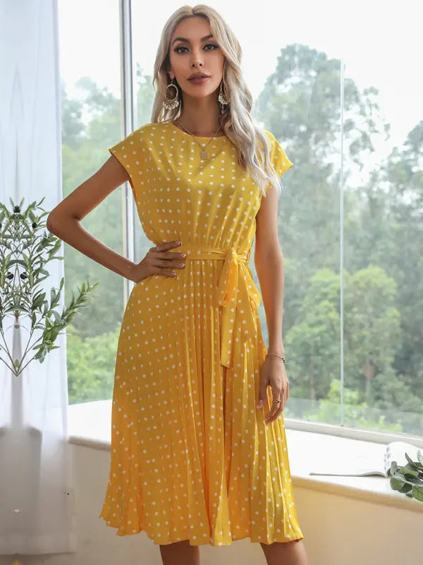 Lily's Woven Polka Dot Pleated Midi Dress kakaclo