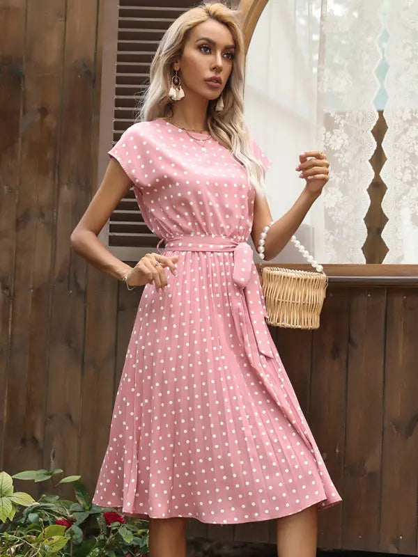 Lily's Woven Polka Dot Pleated Midi Dress kakaclo