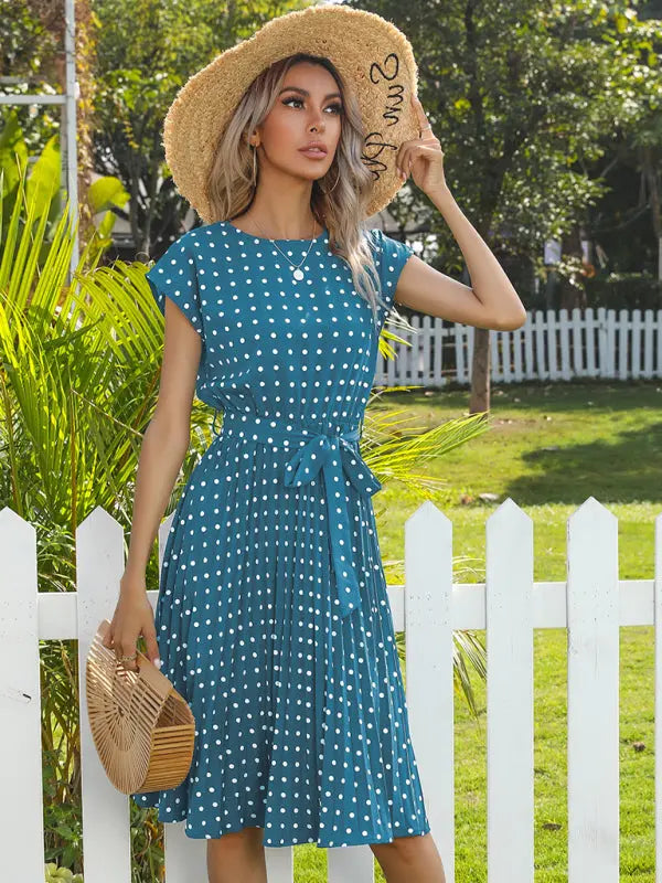 Lily's Woven Polka Dot Pleated Midi Dress kakaclo