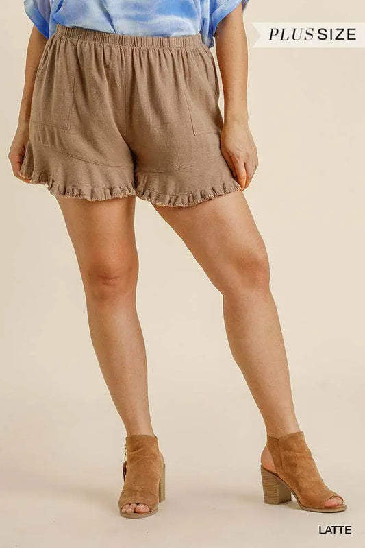 Linen Blend Elastic Waist Ruffle Hem Shorts With Pockets Blue Zone Planet