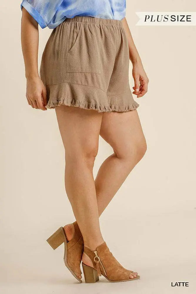 Linen Blend Elastic Waist Ruffle Hem Shorts With Pockets Blue Zone Planet